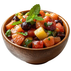Fresh fruit salad with watermelon pineapple and cherries in a wooden bowl garnished with mint leaves perfect for a healthy summer dessert or snack on transparent background