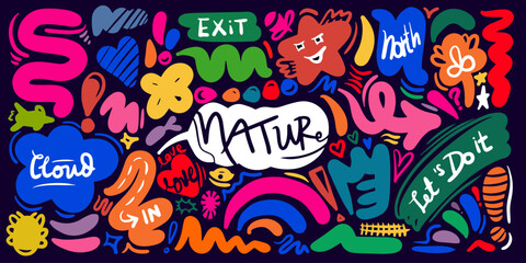 Naive cute abstract shapes sticker pack. Fun funky flowers, bubbles, stars, circles, eyes typography in trendy retro 90s cartoon style