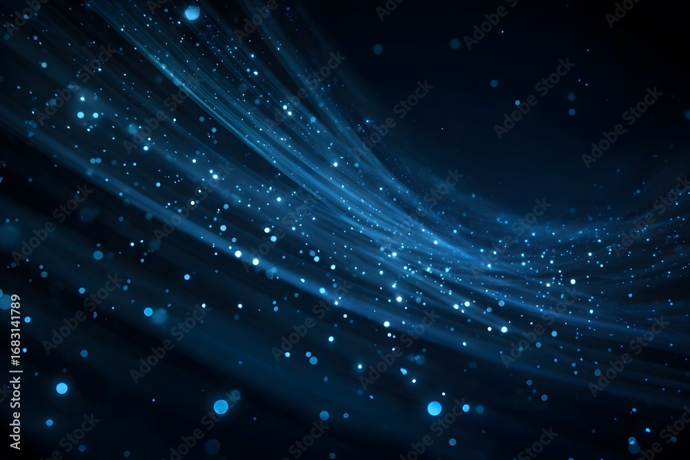 Wall mural abstract background with blue glowing light rays and stars on a dark background. big data technology