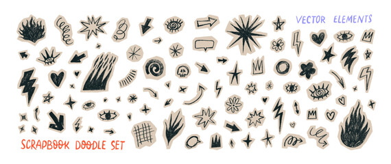 Funky hand drawn scrapbook doodle set. Crayon drawn doodles on torn craft paper. © Anastasiia Hevko