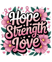 Obraz premium Breast cancer awareness graphic design with hope strength love message floral pink ribbon accents