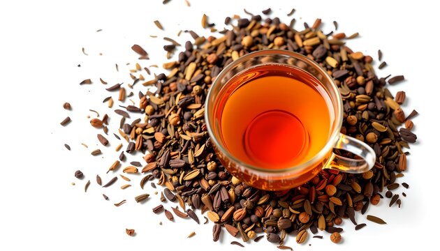 A top-down shot of tea in a clear glass, sitting atop a pile of herbs, depicting tea-making and relaxation