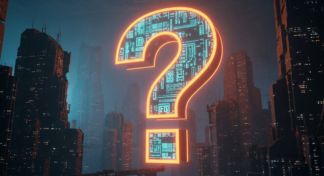 Large neon question mark against futuristic cityscape backdrop, symbolizes uncertainty, mystery, or technological advancement, ideal for tech or sci-fi projects