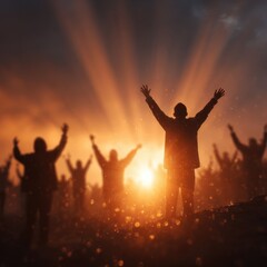 Fototapeta premium People Worshiping with Raised Hands toward Rising Sun