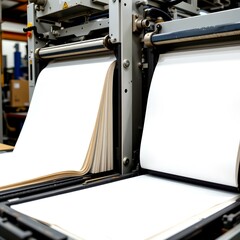 Detailed view of an industrial printing machine, focusing on the process of paper handling and output. The machine's intricate mechanical components create a visual symphony