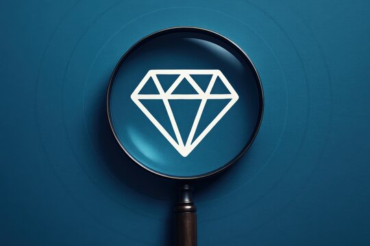 Magnifying glass focuses sharply upon a radiant diamond icon, symbolizing clarity, investigation, and the pursuit of invaluable treasures.
