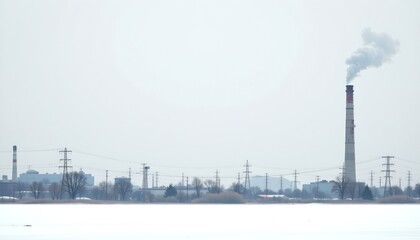 Fototapeta premium An industrial complex with a tall chimney emitting smoke against a hazy sky, representing pollution and environmental concern