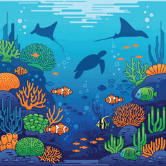 Underwater coral reef scene with diverse marine life, including fish, turtles, and stingrays.