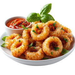 Delicious fried calamari rings served with marinara sauce and fresh basil on a white plate against a perfect for appetizers or snacks on transparent background