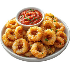 Delicious fried calamari rings served with a flavorful marinara dipping sauce garnished with fresh parsley on a white plate against a on transparent background