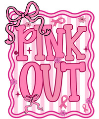 Pink out breast cancer awareness design with ribbons and bows and floral accents on striped background