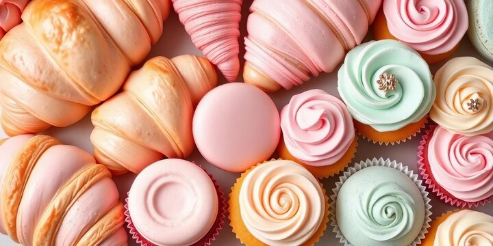 Pastel-colored croissants, macarons, and cupcakes arranged artfully A delightful, sweet treat display,  close-up,  still life
