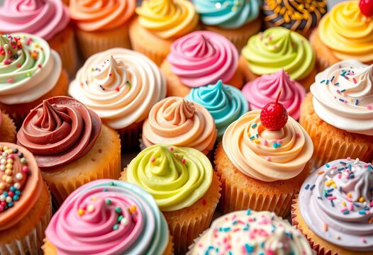 Assortment of colorful cupcakes with various frostings and sprinkles,  swirl,  frosting