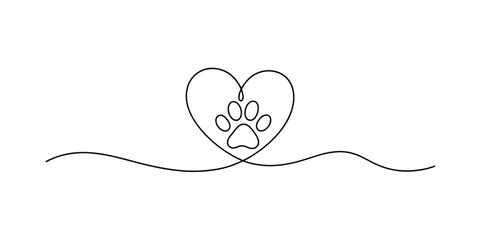 Heart with Paw Print Continuous One Line Drawing Vector Illustration © MDJAHIDUL