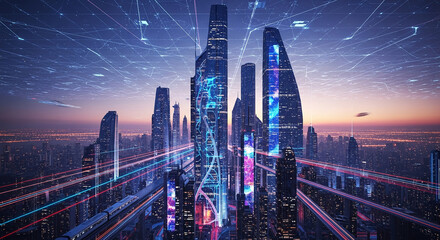 Night cityscape with illuminated skyscrapers, glowing lines representing data flow, and high-speed transport, symbolizing technological advancement and futuristic urban life