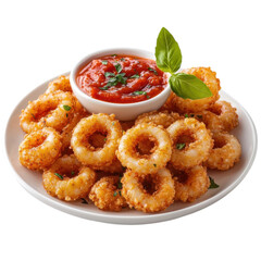 Delicious fried calamari rings served with marinara sauce and fresh basil on a white plate against a a tasty seafood appetizer on transparent background