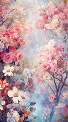 Pastel wallpaper flower bushes pattern painting blossom plant.
