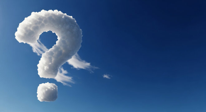 White cloud shaped as question mark against blue sky, symbolizing uncertainty, inquiry, or need for answers, ideal for concept backgrounds