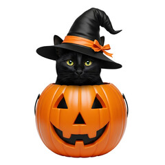 Black cat wearing a witch hat sitting inside of a halloween pumpkin for a spooky seasonal celebration and holiday on transparent background