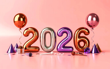 Shiny metallic balloon numbers 2026 in gold silver and purple arranged with party decorations on a pink surface