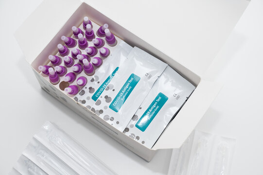 COVID 19 antigen self test kit containing swabs, reagent and individually packed tests