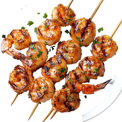Grilled shrimp skewers with fresh parsley and a creamy sauce offer a delicious and healthy seafood appetizer or main course option for summer grilling perfect for parties on transparent background