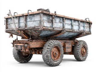 Obraz premium A rusty, weathered dump trailer stands out against a pure white backdrop, showcasing its aged wooden bed and corroded metal chassis.