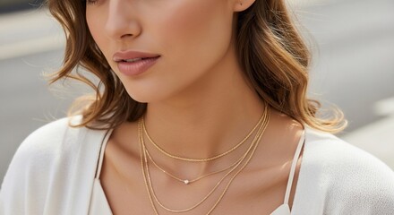 A close-up view of a woman showcasing layered gold necklaces, with a focus on her face and jewelry.