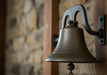 Obraz premium Vintage metal bell hanging on wooden surface with stone wall
