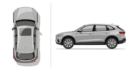 Contemporary silver crossover utility vehicle depicted from above and side