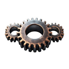 Three metallic gears with a weathered industrial aesthetic are arranged against a showcasing engineering and mechanical concepts effectively on transparent background