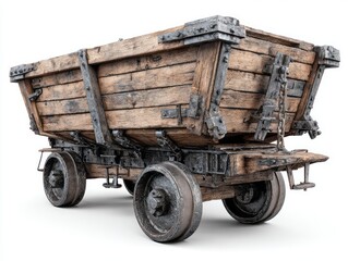 A weathered wooden mine cart, showcasing its aged, robust construction against a bright white background.