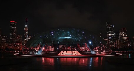 Pulsing glass dome pavilion casting red glow on urban waterfront, reflecting ring lights and towers - Powered by Adobe