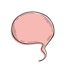 Pink speech bubble with a hand-drawn style, showing a light pink interior and a black outline with a flowing tail.
