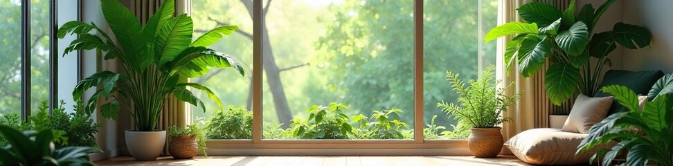 Obraz premium Lush Green Foliage Brightens Airy Interior, Creating a Vibrant and Natural Atmosphere Perfect for Home Decor and Biophilic Design Projects