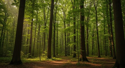 Obraz premium Serene sunlit forest with tall green trees and dappled light