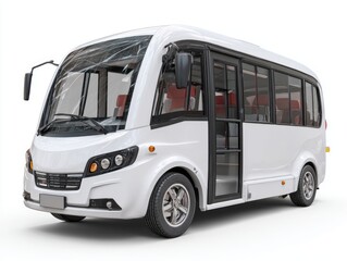 A full view of a modern, white minibus, highlighted by its clean lines and bright color against a plain white background.