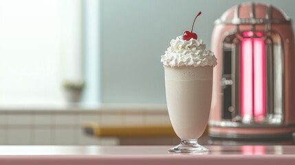 Retro Diner Scene with Milkshake in Glass and Classic Jukebox in Soft Focus Background