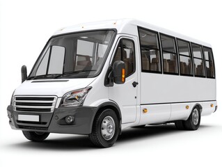 A modern, white minibus stands out against a bright white backdrop, showcasing its sleek design and spacious interior.
