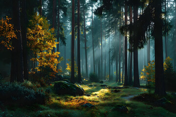 Fototapeta premium Serene Sunlit Forest with Autumn Foliage and Tall Pines for Nature Scenery Print