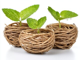 Obraz premium Three small sprouts, nestled in a bed of woven roots, are vibrantly showcased against a clean white background, exuding a sense of new beginnings and growth.