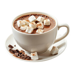 Warm cup of hot chocolate topped with marshmallows and chocolate shavings on a saucer perfect for a cozy winter day treat and holiday celebrations on transparent background