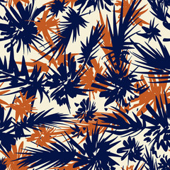 Seamless tropical linear vector vintage ink exotic style. Branches leaves elements pattern jungle silhouette pattern handmade for decoration, textiles, postcards, print design brown dark blue beige