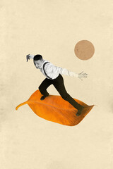Fototapeta premium Creative design composite trend artwork collage of young man wear gentleman outfit sstand folliage leaves balance dance holiday day autumn