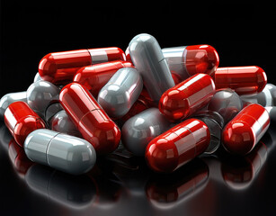 Cluster of red and gray capsules on a reflective black surface.