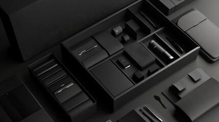 Black 3D-rendered employee gift kit including a presentation box and grouped corporate gifts as mock packaging.