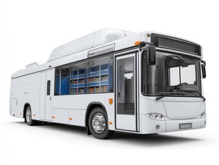 A modern, white bus serves as a mobile library, featuring a well-organized interior with bookshelves.