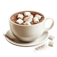 Warm cup of hot chocolate with marshmallows and cocoa powder perfect for a cozy winter treat or a comforting beverage on a cold day served in a white mug on transparent background
