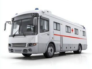 A modern, white ambulance vehicle is displayed against a stark white background, showcasing its sleek design and emergency features.