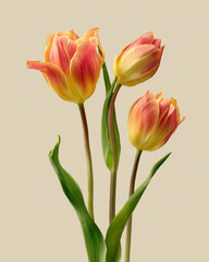 Fototapeta premium Tre tulipani giallo-corallo su fondo crema, luce morbida e dettagli realistici. Risorsa scontornabile per poster primaverili, wedding stationery, packaging floreale e decorazioni di interni.